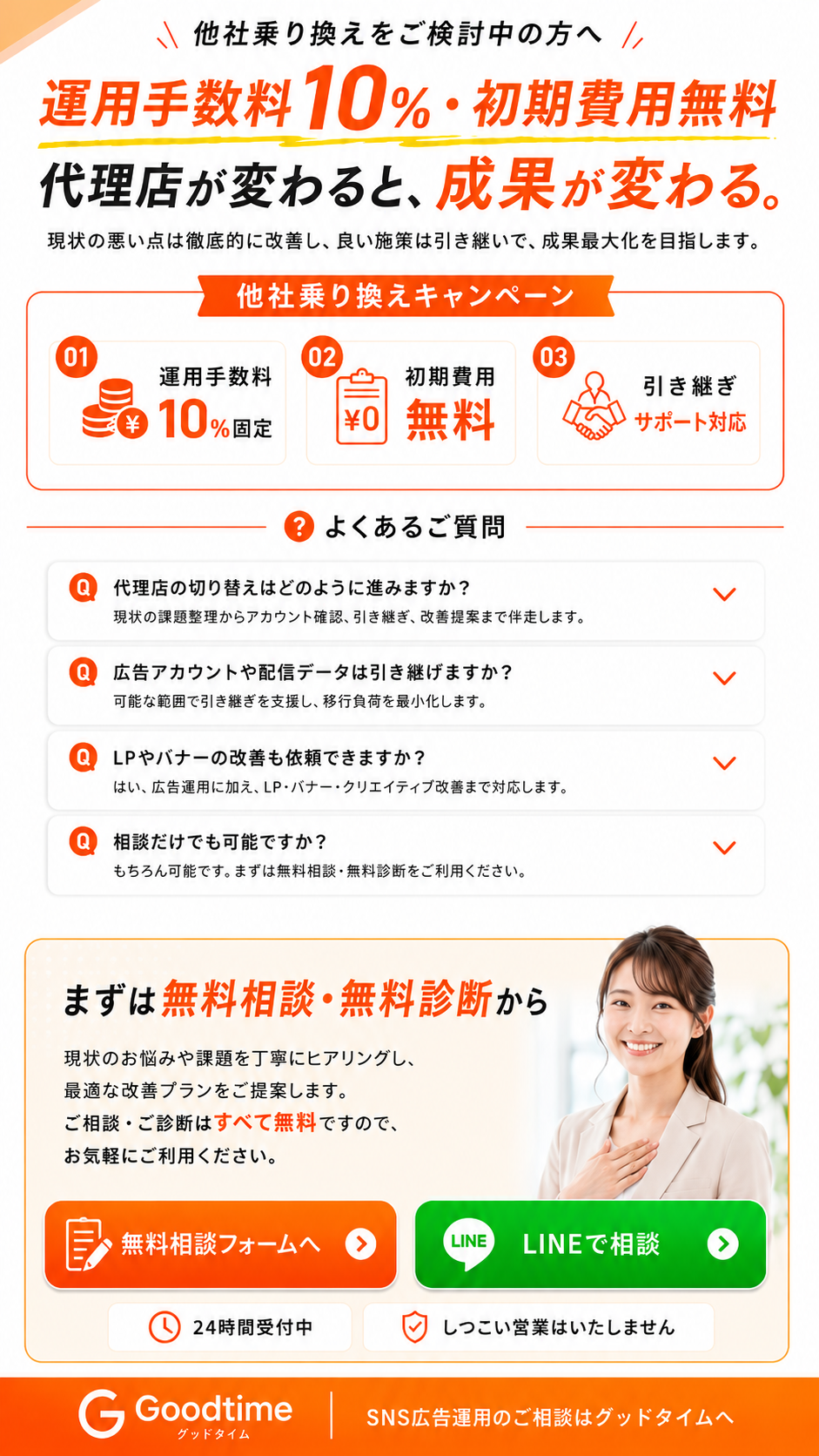 他社乗り換えキャンペーン。運用手数料10パーセント、初期費用無料。よくある質問と無料相談